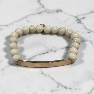 Neutral Wood Bead Stretch Bracelet with Gold Bar | Minimalist Stackable Jewelry